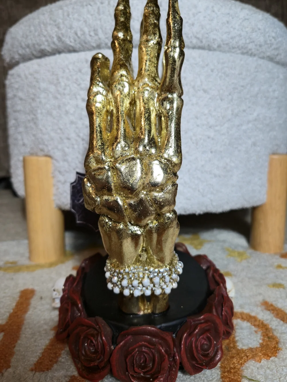 Gold Skeleton Heart Hands Sculpture Halloween Rose Base Gothic Decor NWT